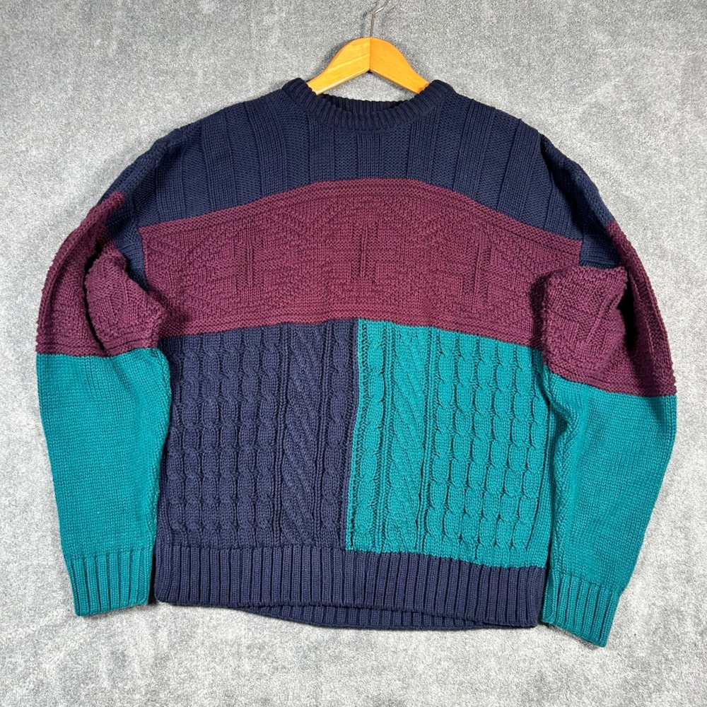 VTG Eddie Bauer Cable Knit Sweater Colorblock Navy Teal Burgundy Men XL Made USA - Picture 3 of 13